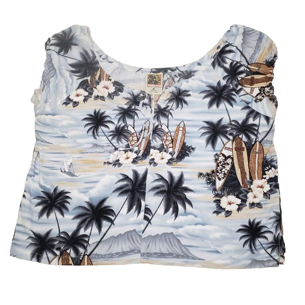 Winnie Fashion Hawaiian Womens‎ Blouse ShortHalter Top Sz XL Vacation Palm Trees